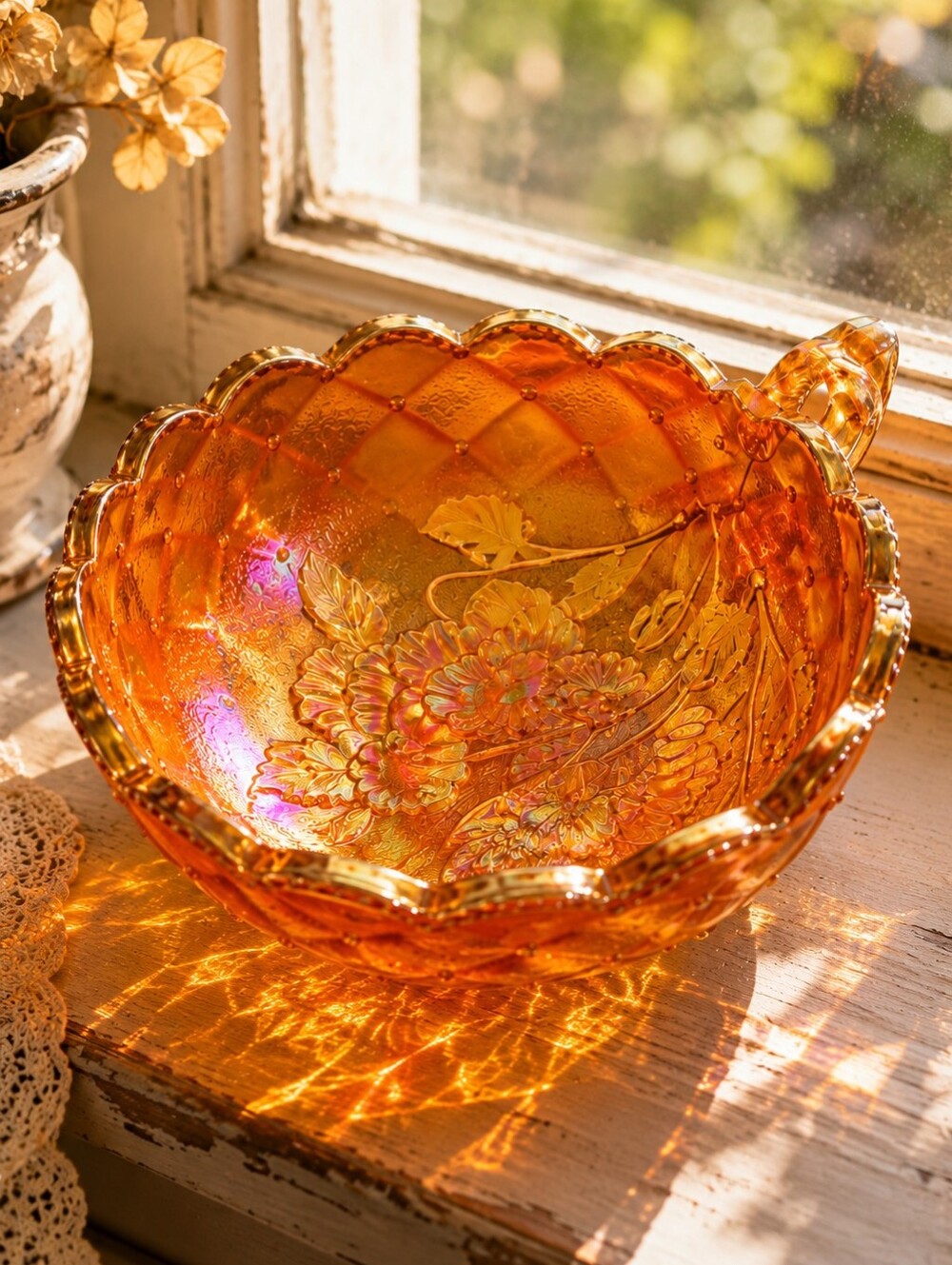 Vtg Marigold Carnival Glass Handled Nappy Bowl – Iridescent Floral Cottagecore
